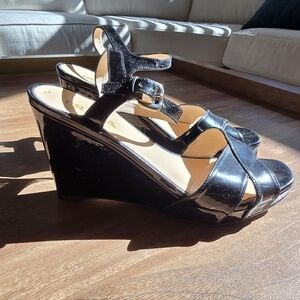 Prada black patent leather wedges sz 37.5